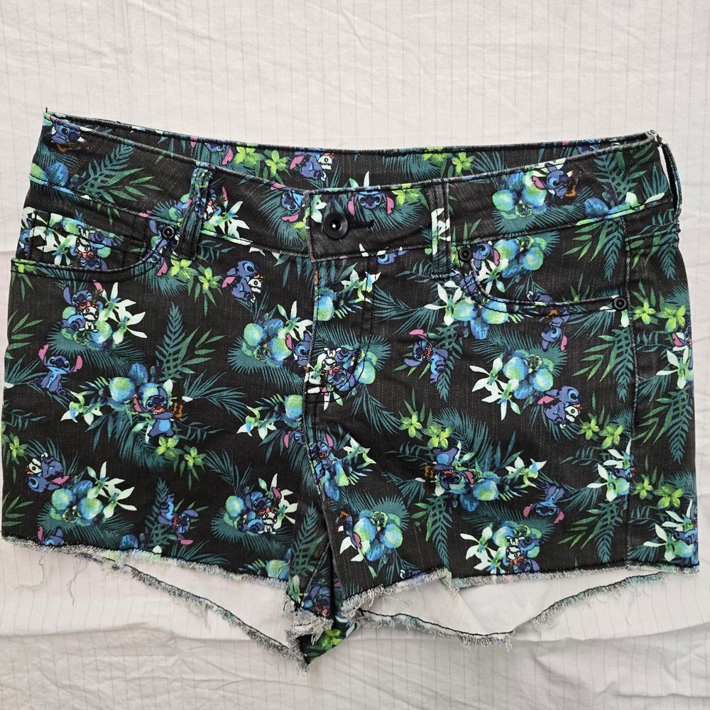 Disney Lilo & Stitch Tropical Floral Denim Cut Off Shorts Black Size 9